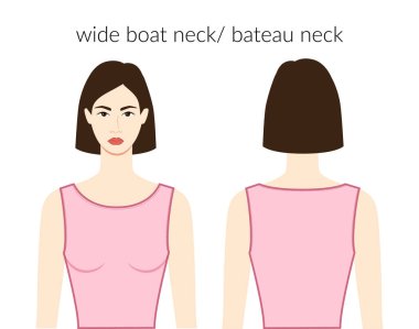 Geniş tekne bateau yaka elbise karakteri pembe bluz, gömlek, elbise, moda tasviri uygun vücut. Düz giyim şablonu önde, arkada. Kadın ve erkek unisex CAD modeli