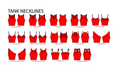 Yaka askılı kıyafetler. Üstler, Cami, tek omuz, kepçe, yarış pisti, V yaka, moda tasviri. Düz giyim şablonu önde, arkada. Kadın ve erkek unisex CAD modeli