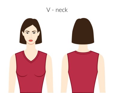 V yaka elbiseler örgü, kazak, bordo bluzlu güzel bir bayan, gömlek, teknik moda resimli bir vücut. Düz giyim şablonu. Kadın ve erkek unisex CAD modeli