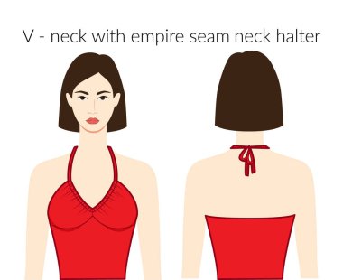 V yakalı, boynu dikişli, kırmızı bluzlu, gömlekli güzel bir kadın, vücudu olan, teknik bir tasvir. Düz giyim şablonu. Kadınlar, erkekler tek cinsiyetli