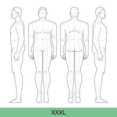 XXXL Men Moda seti ekstra büyük 9 baş büyüklüğünde Croquis büyük boy Croquis model Curvy gövde figürü önden, yandan, arkadan. Moda tasarımı, illüstrasyon, teknik çizim için vektör çocuk.