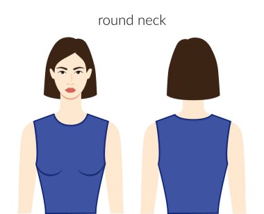 Yuvarlak yakalı kıyafet karakteri mavi bluzlu güzel bayan, gömlek, teknik moda tasviri ve uygun vücut. Önde ve arkada düz giyim şablonu var. Kadın ve erkek unisex CAD modeli