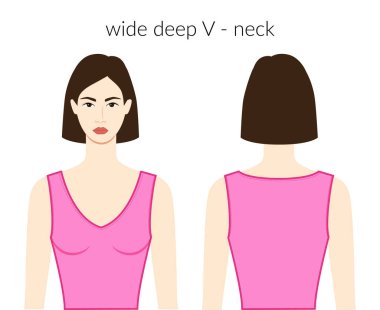 Geniş V yakalı, yakalı, pembe bluzlu, tişörtlü güzel bir kadın. Teknik moda illüstrasyonuna uygun bir vücut. Düz giyim şablonu önde, arkada. Kadın ve erkek unisex CAD modeli