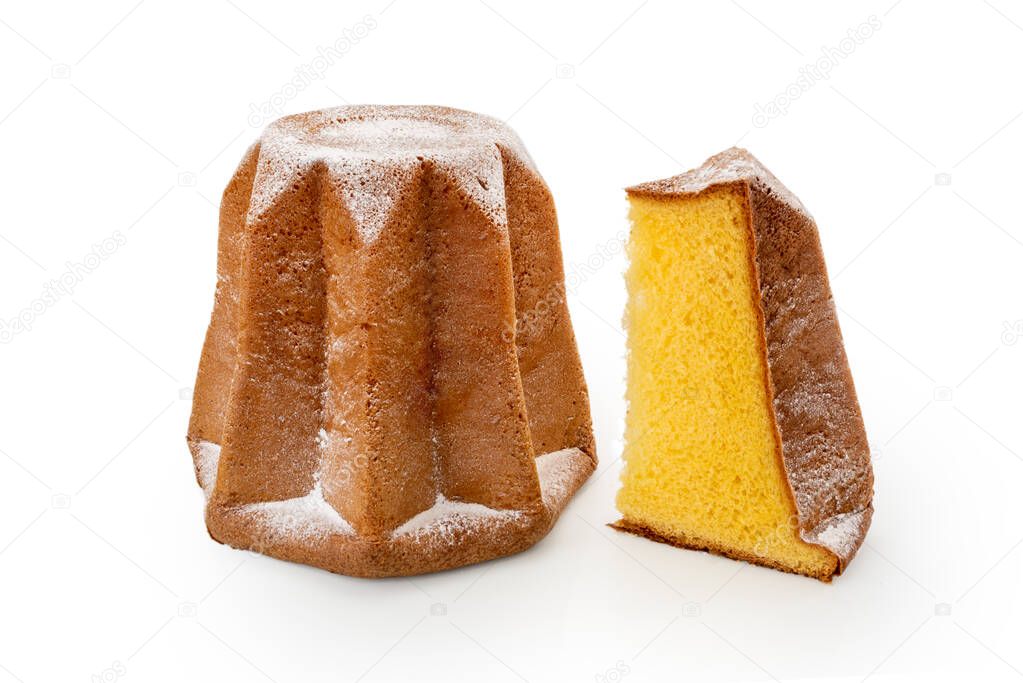 Pandoro with slice, traditional Italian Christmas cake from Verona with icing sugar isolated on white