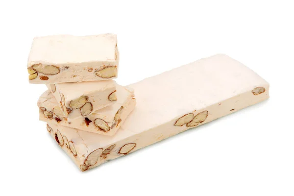 Soft Nougat Almonds Hazelnuts Isolated White — Stock Photo, Image