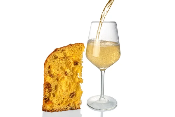 Champagne Sparkling Wine Splashing Glass Slice Panettone Cake Isolated White — 图库照片