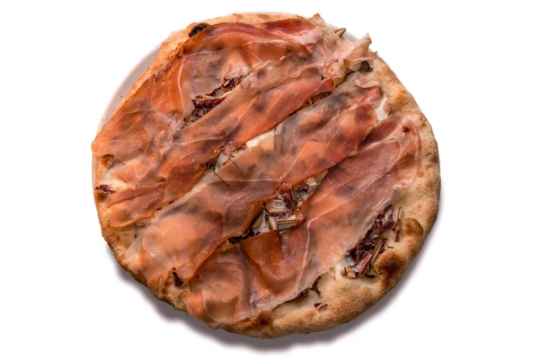 Gourmet Pizza Parma Ham Radicchio Cheese Isolated White Top View — стокове фото