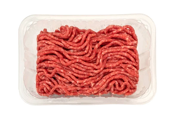 Carne Moída Bandeja Plástico Para Venda Supermercado Vista Superior Flat — Fotografia de Stock