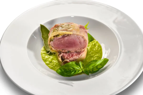 Baked Pork Fillet Poached Bacon Pea Cream Basil Leaves White — Stock Photo, Image