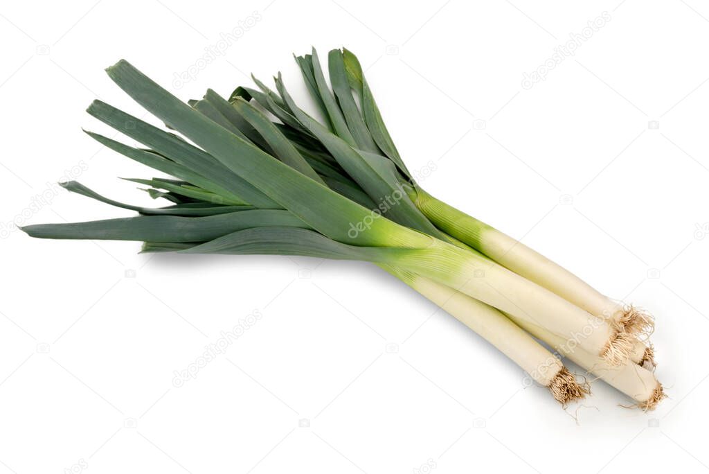 Fresh raw leeks isolated on white background, top view