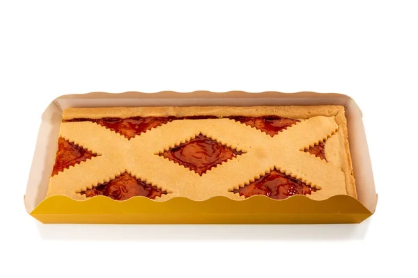Quadratische Marmeladentorte Papptablett Torte Crostata Mit Aprikosenmarmelade Isoliert Auf Weiß — Stockfoto