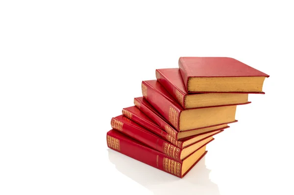 Pila Libros Antiguos Rojos Con Decoraciones Doradas Cubierta Cuero Duro — Foto de Stock