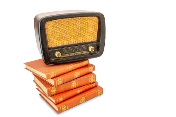 Vintage Tubo Radio1950S Siglo Libros Antiguos Con Decoraciones Doradas Aisladas — Foto de Stock