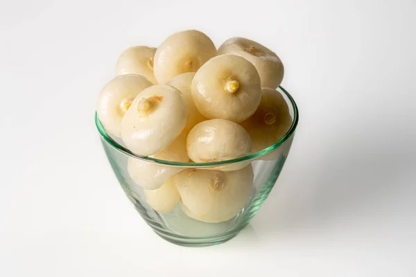 Μικρά Επίπεδα Κρεμμύδια Στην Ιταλία Ονομάζονται Κρεμμύδια Borettane Γυάλινο Μπολ — Φωτογραφία Αρχείου
