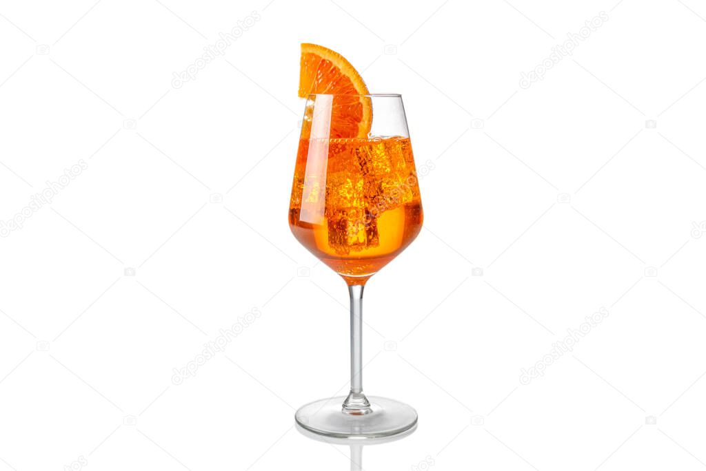 Alcoholic Aperol Spritz Cocktail in glass with orange slice, Isolated on White 