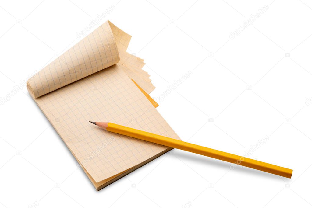 Vintage paper note pad checkered open with yellow pencil isolated on white, copy space, clipping path