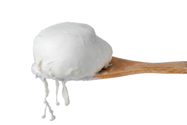 Ahşap kaşıkta bufalo mozzarella damlayan süt beyaz izole edilmiş, kırpma yolu