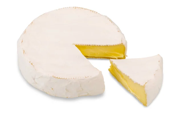 Rueda Queso Brie Cream Cortada Con Rebanada Aislada Blanco Con — Foto de Stock