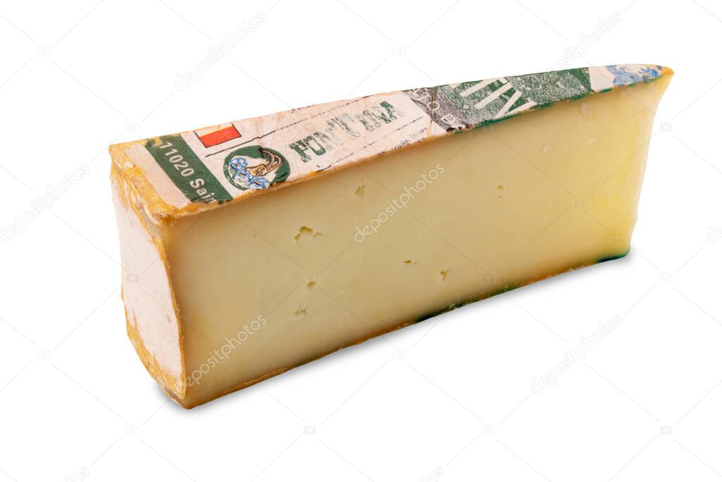 Fontina cheese from Aosta Valle, Italy, made with milk from cows grazing in the mountains, slice isolated on white, clipping path