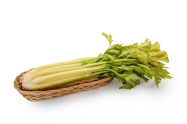 Raw Celery Stalk Wicker Basket Isolated White Clipping Path — Zdjęcie stockowe