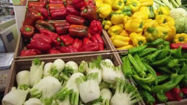 A counter with seasonal vegetables at supermarket. Panning on selection of colorful peppers, fennel and cabbage with leeks