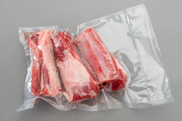 Pork Ribs Vacuum Packed Sealed Sous Vide Cooking Gray Background — Fotografia de Stock