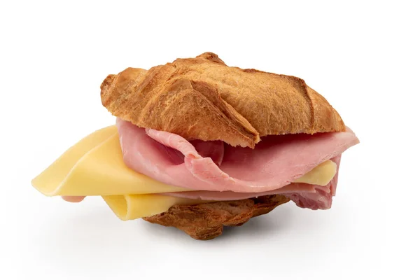 Croissant Sendvič Šunkou Sýrem Listový Chléb Nakladačem Plátky Šunky Izolované — Stock fotografie
