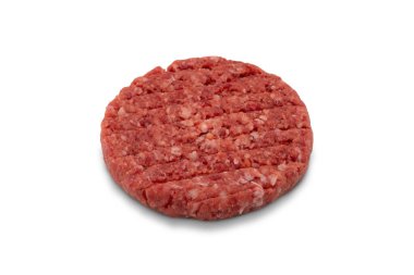 Çiğ hamburger beyaz, kırpma yolunda izole