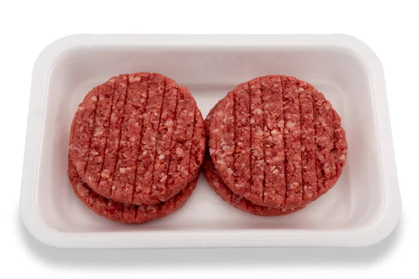 Surowe Hamburgery Tacce Tworzywa Sztucznego Żywności Izolowane Białym Ścieżka Wycinania — Zdjęcie stockowe