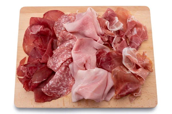 Cold Cuts Wooden Cutting Board Slices Bresaola Salami Ham Parma — Stock Photo, Image