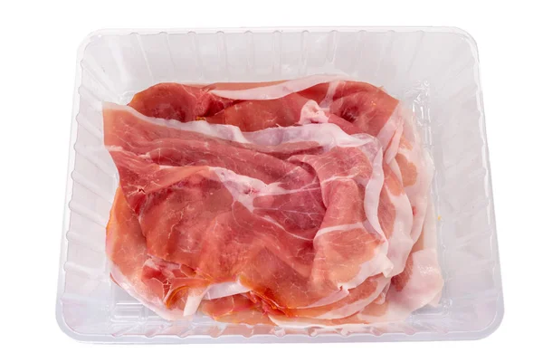 Parma Ham Plakken Plastic Dienblad Koop Geïsoleerd Wit Clipping Pad — Stockfoto