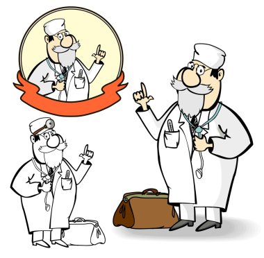 Beyaz önlük ve stetoskop ile bavul içinde karikatür doktor