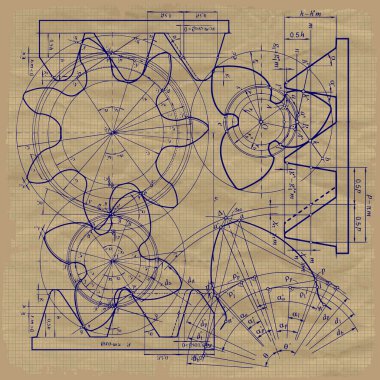 Old technical background, gear on graph paper craft clipart