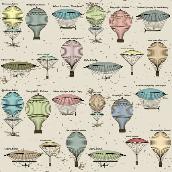 Vintage seamless pattern of hot air balloons and airships
