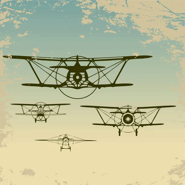 Old planes flying in the clouds, retro aviation background. — Stock Vector