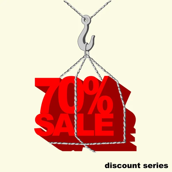 Rode-70 percentage verkoop label opknoping op de haak van een kraan. — Stockvector