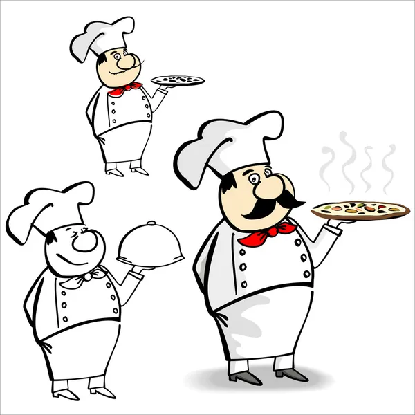 Cozinheiro dos desenhos animados - chef detém uma deliciosa pizza quente — Vetor de Stock