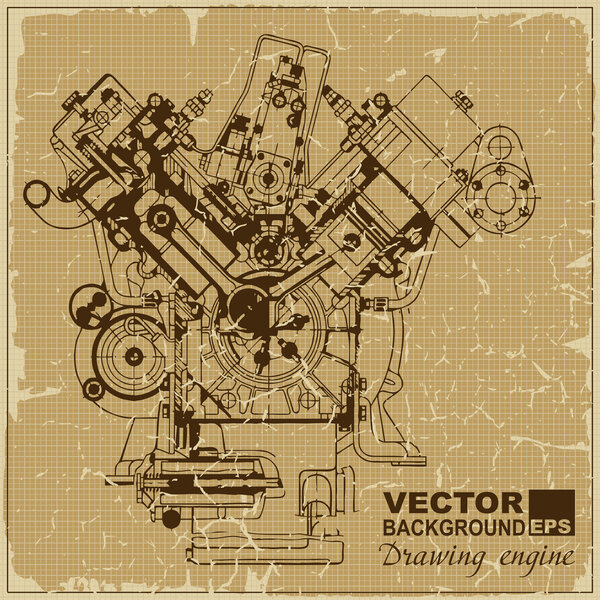 Drawing old engine on graph vintage old paper