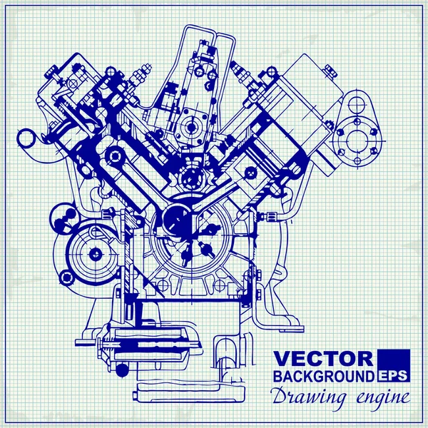 Dessin vieux moteur sur papier graphique . — Image vectorielle