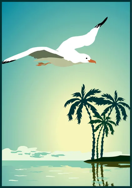 Summer background, poster in retro style with the sea, palm trees and seagulls. — Stock Vector