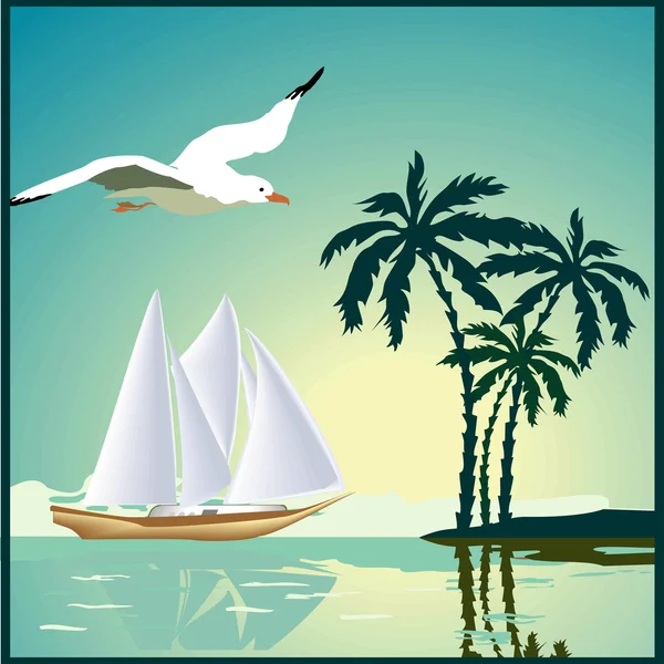 Sommar bakgrund, affisch i retrostil med havet, palmer och måsar. — Stock vektor