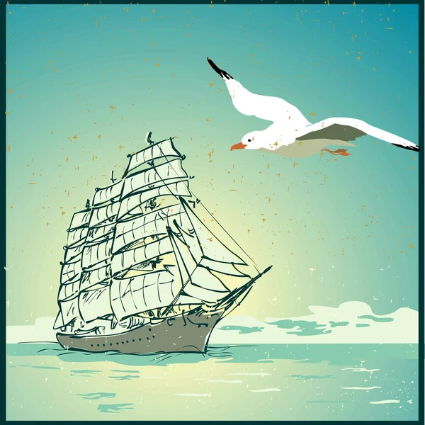 Fondo de verano, póster en estilo retro con el mar, velero y gaviotas — Archivo Imágenes Vectoriales