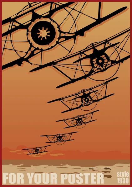 Old biplanes flying over evening sea, retro aviation background. Stock Vector