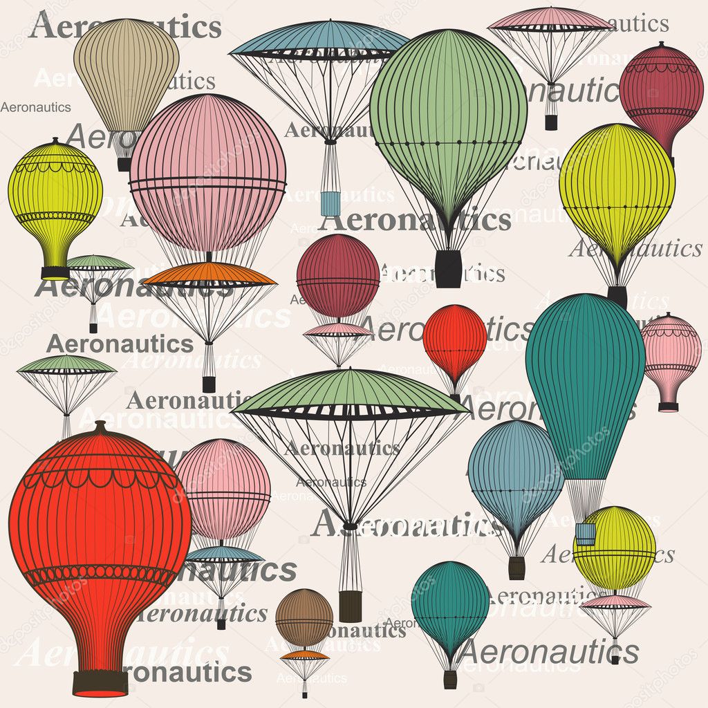 Vintage seamless pattern of hot air balloons and airships