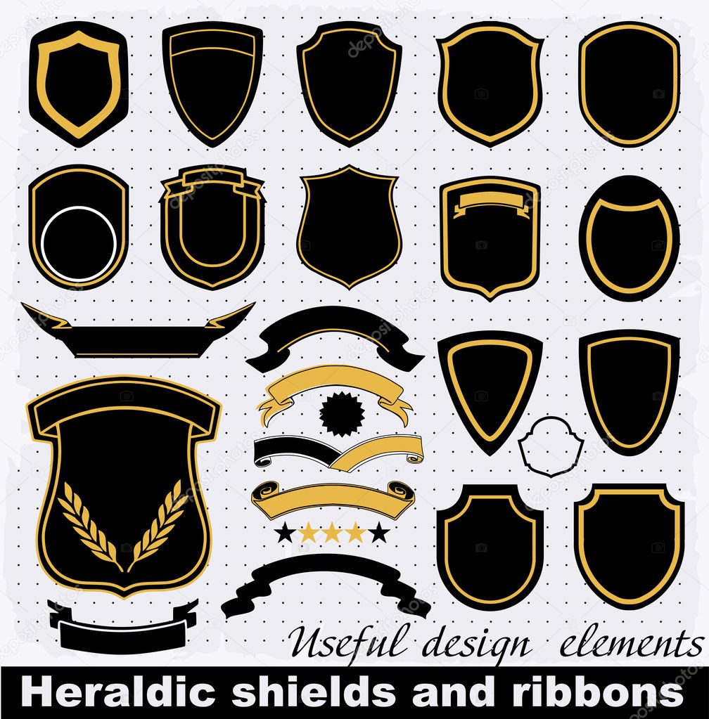 Heraldic shields and ribbons.