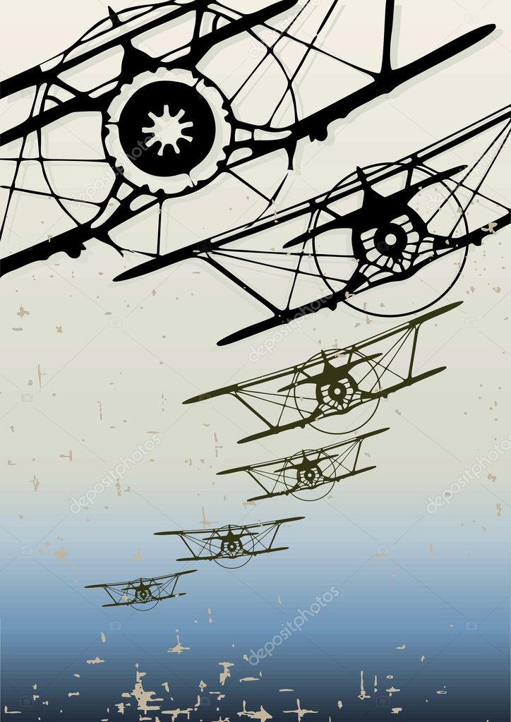 Old biplanes flying in the clouds, retro aviation background.