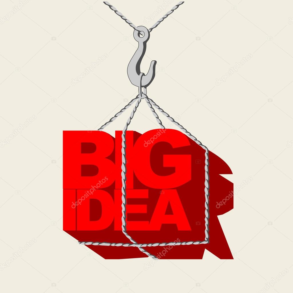 Red big idea concept, tag hanging on the hook of a crane.