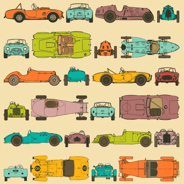 Patrón inconsútil colorido, coches deportivos vintage — Vector de stock