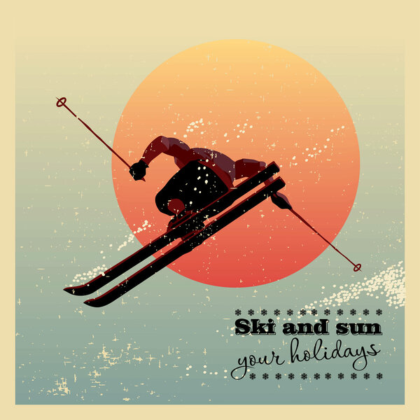 Retro poster. Skier flying against the evening sun