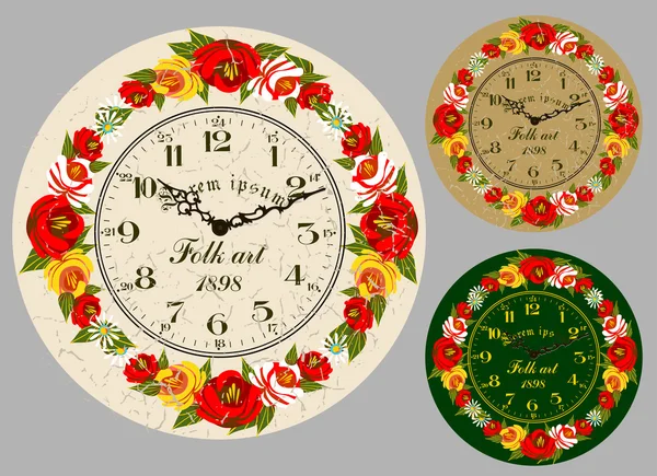 Folk Art. Antique wall clock — Stock Vector